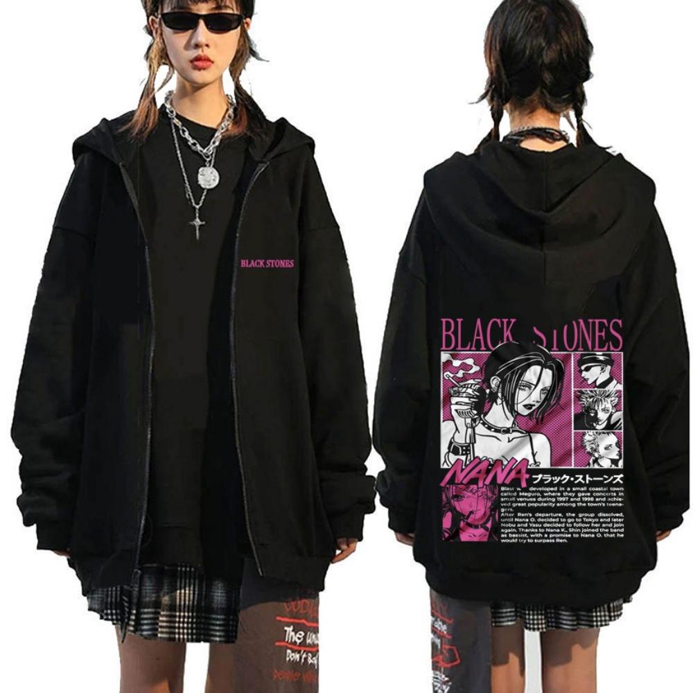 Japanese Anime Black Stone Zipper Hoodie Men's and Women's Manga Casual Zipper Jacket Men's Retro Harajuku Zipper Sweatshirt
