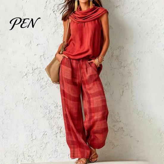 Casual Sleeveless Top Women Pants 2-Piece Set, Summer Ruffle Mock Neck Elastic Waist Suit & Plaid Wide Leg Pants, Vintage Loose Outfit Set Two