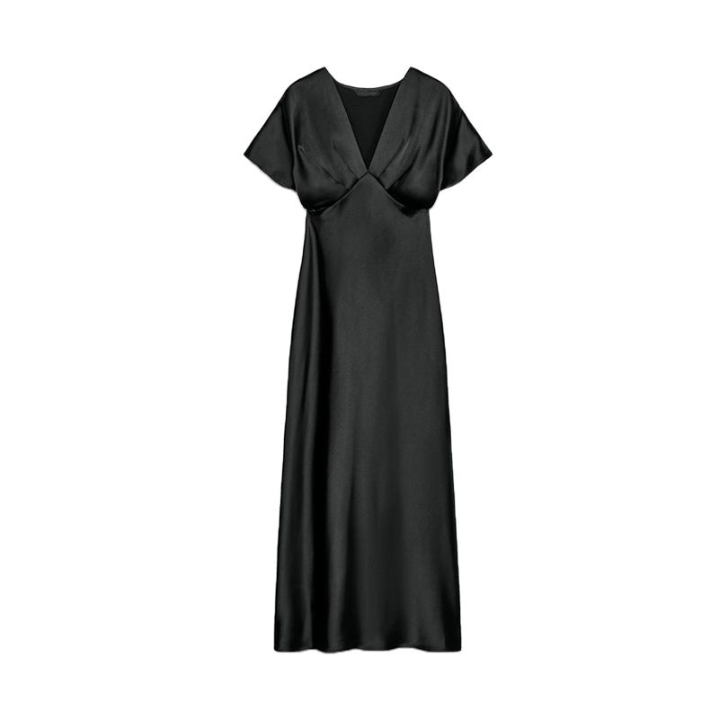 

Spring and Summer Pleated Design Slim fit V-neck Short sleeve Silk Satin Texture Midi Dress 2330566 2330399 Black S