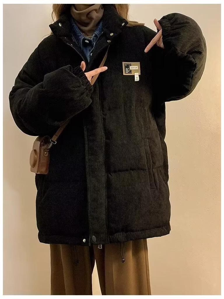 American Style Corduroy Patchwork Cotton Jacket - Stand Collar, Loose Fit, Thick Padded Winter Coat.