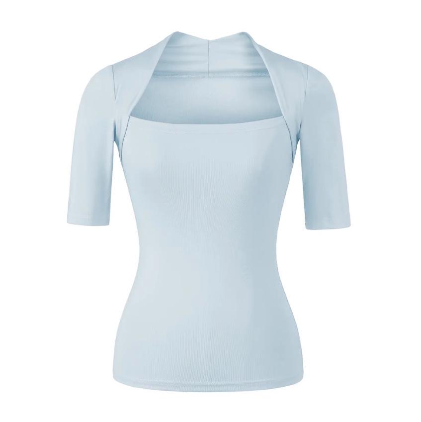 Light Gray Square Neck Slim Fit T-Shirt for Women - Short Sleeve, Waist Cinched, Ideal for Spring/Autumn