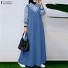 ZANZEA Women Muslim Casual Polak Dot Print Splice Long Sleeve Loose Dress