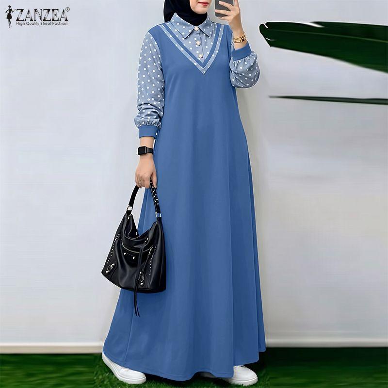 ZANZEA Women Muslim Casual Polak Dot Print Splice Long Sleeve Loose Dress