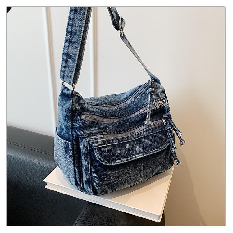 Retro Crossbody Washed Denim Multi-Zipper Small Commuter Bag