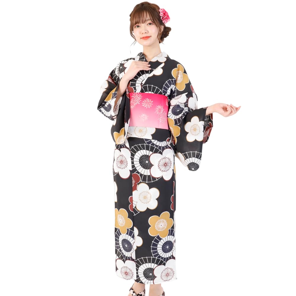 

Yukata large lively Japanese easy to knotted thong geta one size fits most [RAVIR] Women s 3-piece set, black, bright, plum, umbrella, impression,