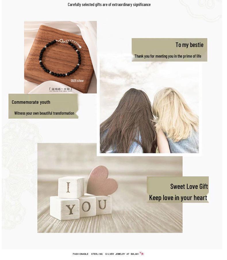 Vielseitiges S925 Sterling Silber & Schwarzer Achat Minimalistisches Mehrreihiges Armband für Damen