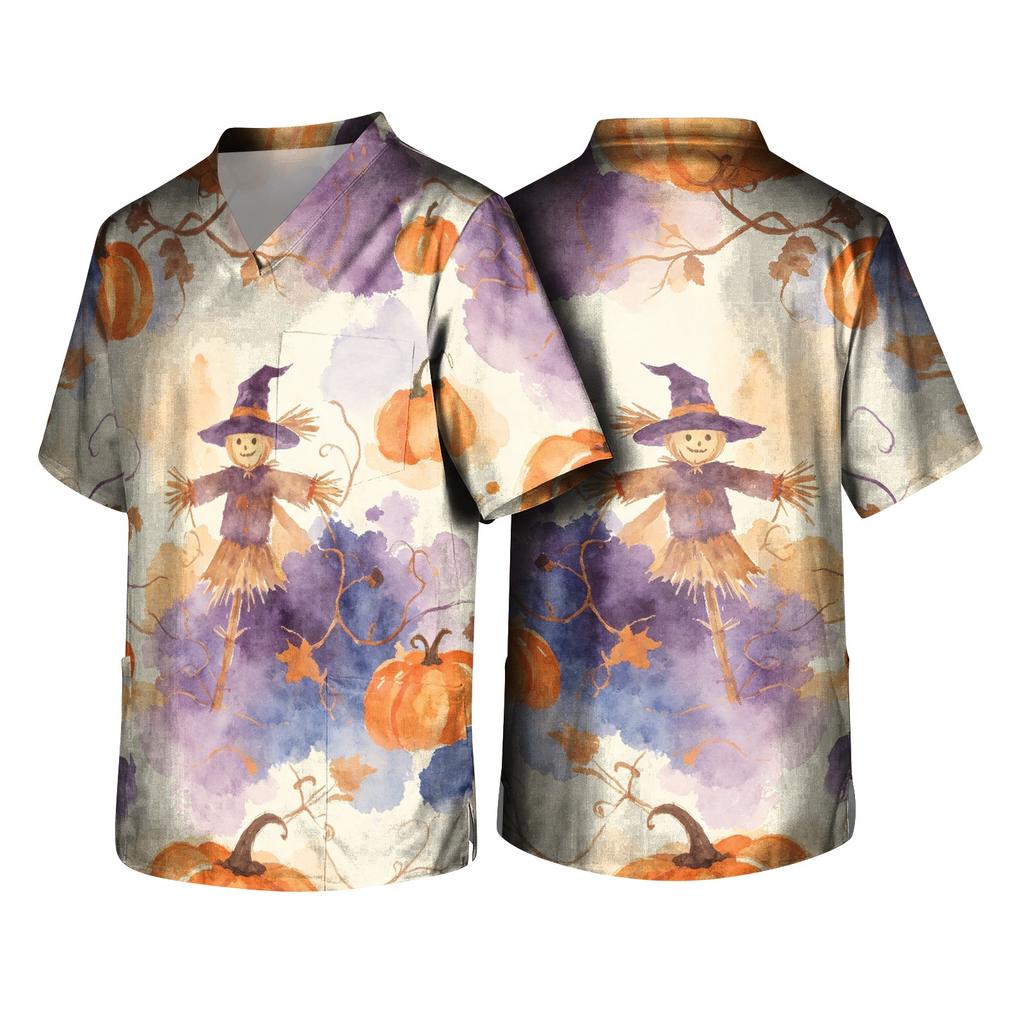 Men's Halloween Print V-Neck Short Sleeve Pocket Scrub Top for Caregiver Uniform