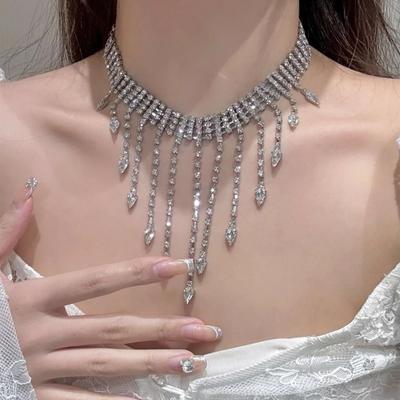 Geometric Tassel Necklaces Sparkling Wedding Bride Jewelry Elegant Full Rhinestone Necklaces  Women