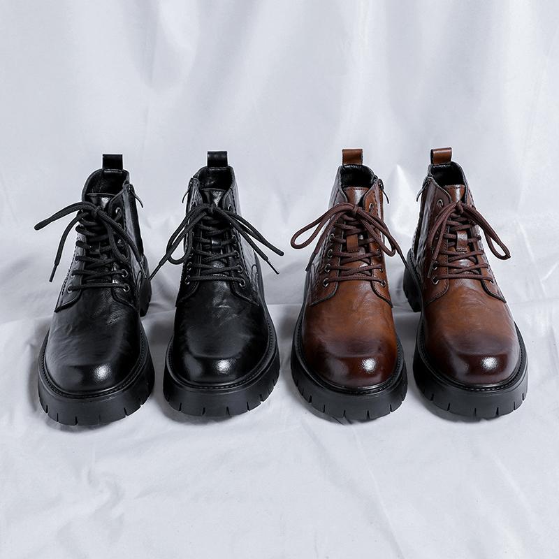 Brand Outdoors Men's High-quality Leather Glossy Comfortable Thick Soled Shoe Men Retro Casual Side Zipper Lace Up Boots