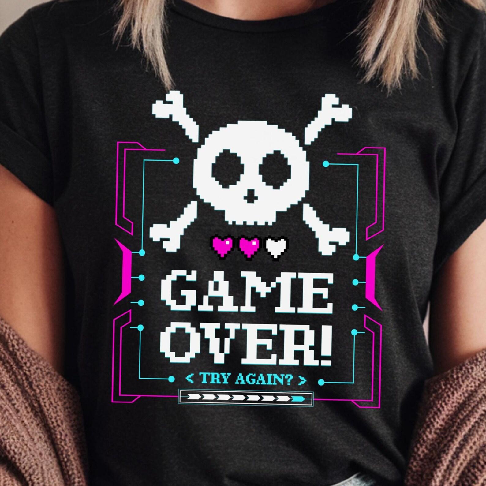Game Over Try Again Gamer Shirt Retro Gaming Skull Tee Pixel Art Lovers Neon Skull Funny Gamer Gift for Video Game Fans and Arcade Lovers S