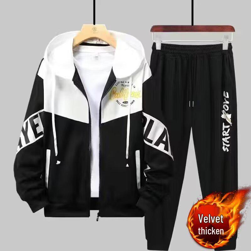 Men's Trendy Hooded Fleece Sweatshirt & Casual Baseball Uniform Two-Piece Set for Autumn/Winter Teens