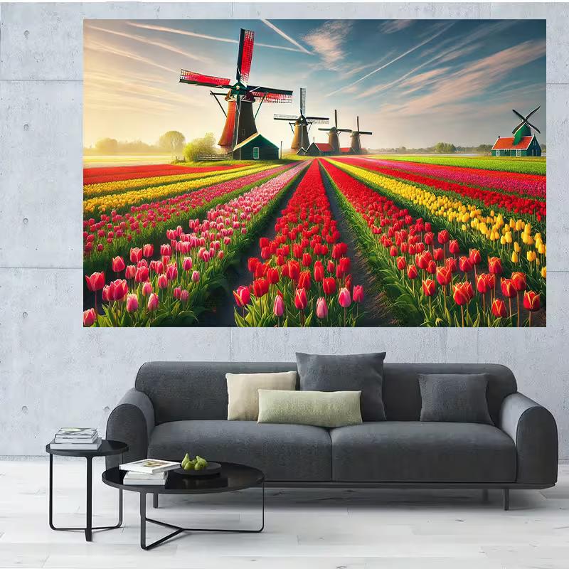 Helle holländische Landschafts-Wandteppich, üppige Tulpenfelder mit ikonischen Windmühlen unter einem goldenen Sonnenaufgang, fröhliche Frühlings-Wandkunst