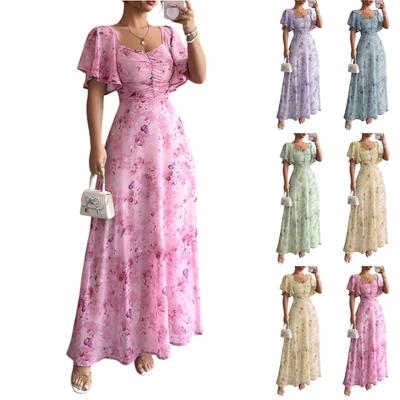 Women’s Floral Print Maxi Dress with Short Butterfly Sleeves and Ruched Bodice for Summer Casual Wear