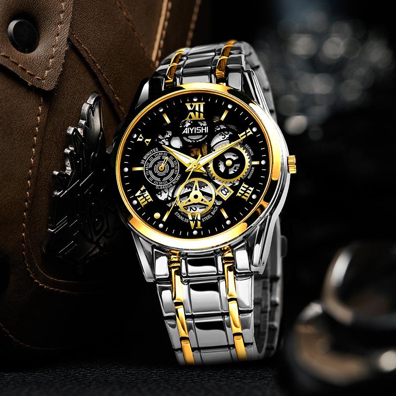 Men's Stainless Steel Waterproof Quartz Watch, Fully Automatic, Luminous, with Calendar and Steel Band