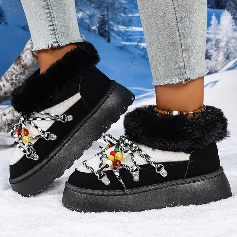 Bohemian Lace Up String Bead Snow Boots Women Winter Soft Faux Fur Warm Ankle Boots Woman Plus Size36-43 Platform Botas Mujer
