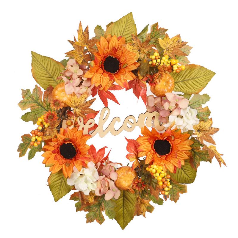 Autumn Sunflower & Pumpkin Wreath with Maple Leaves and Hydrangeas for Door Hanging