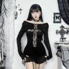 Goth Dark Sexy Lace Patchwork Cross Long Sleeve Pulloves T-shirts Y2K Women Streetwear Mall Gothic Slim Tops T-shirt