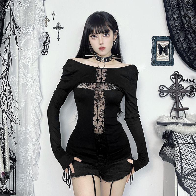 Goth Dark Sexy Lace Patchwork Cross Long Sleeve Pulloves T-shirts Y2K Women Streetwear Mall Gothic Slim Tops T-shirt