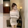 Pure desire wind sister Spice girl sexy fake two-piece one-word shoulder dress super good-looking tight hip-wrapped short skirt autumn and winter