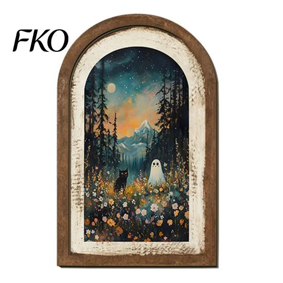 Autumn Fireplace Accent Halloween Ghost Wall Decor, Cute Table Sign, Vintage Arch Framed Shaped Wooden Decor Picture, Decorative Art for Mantel Living