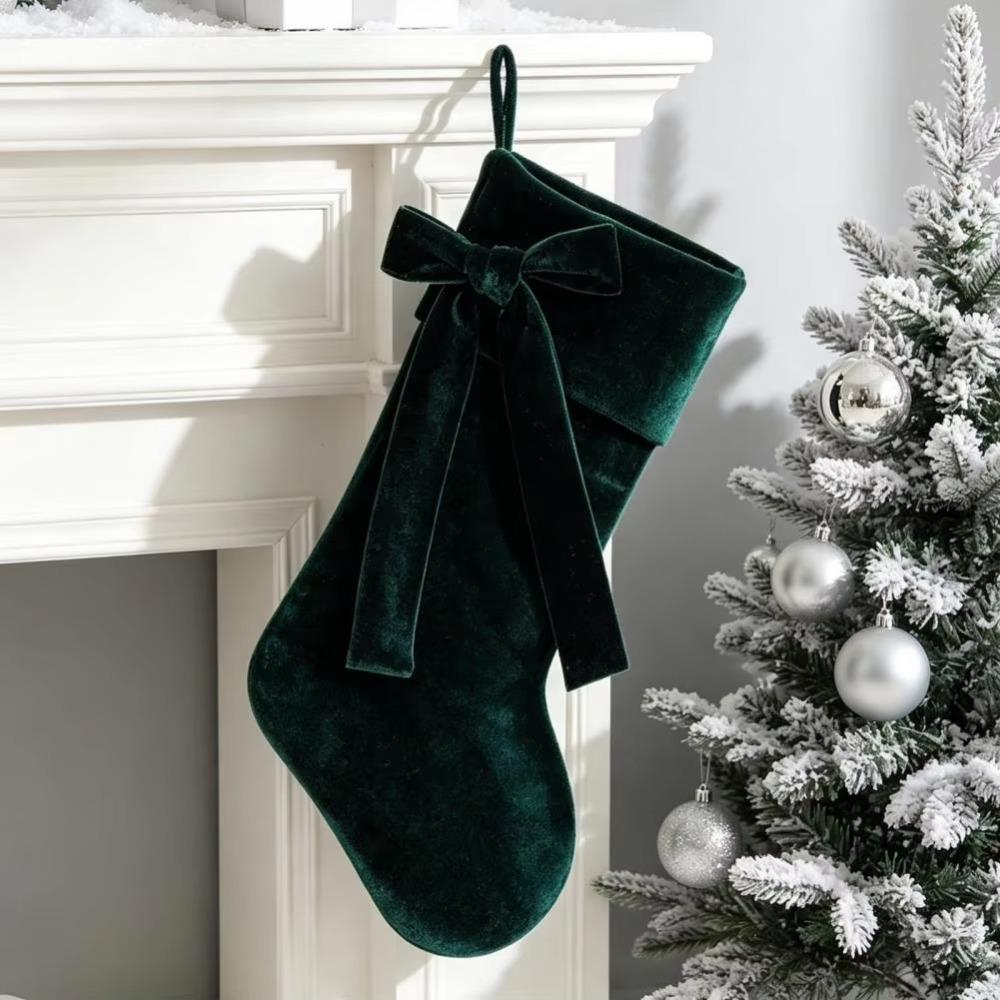 with Bow Velvet Christmas Stocking Solid Color Fireplace Hanging Sock Christmas Gift Bag Wall