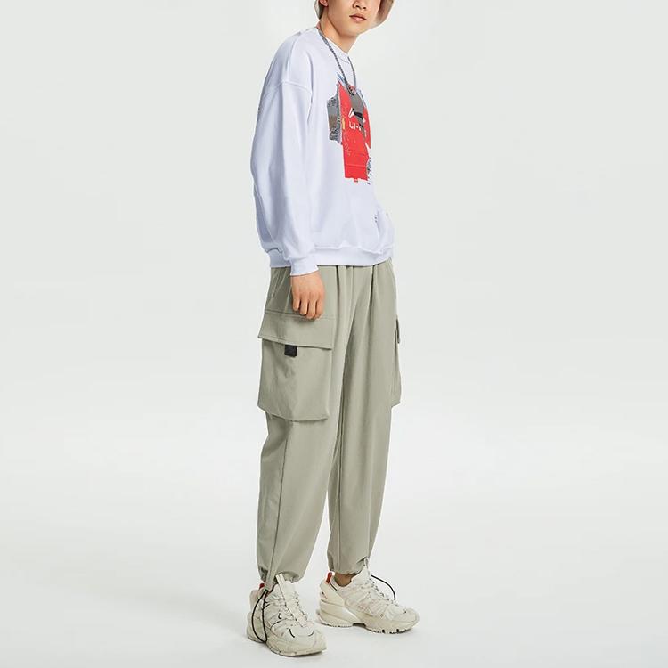 Li Ning Sports Basketball Series Casual Loose Sports Crew Neck Long Sleeve Sweatshirt Men Sweatshirt Standard-White AWDR905-1