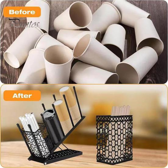 Kopphållare för kaffekoppar, organizer med lock och suporhållare, 4 fack, kaffekoppsdispenser, justerbar kaffebarsorganizer