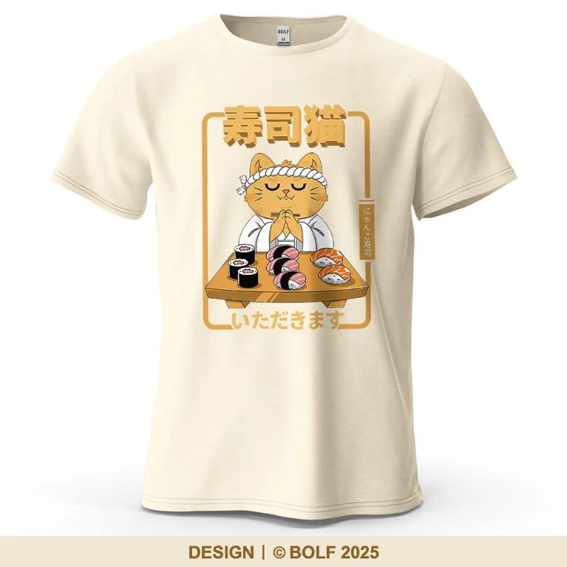 Sushi Cat Art Cute Printed Men s T-Shirt 100% Cotton Oversized Sushi Themed Graphic Men Tops Tees Streetwear S