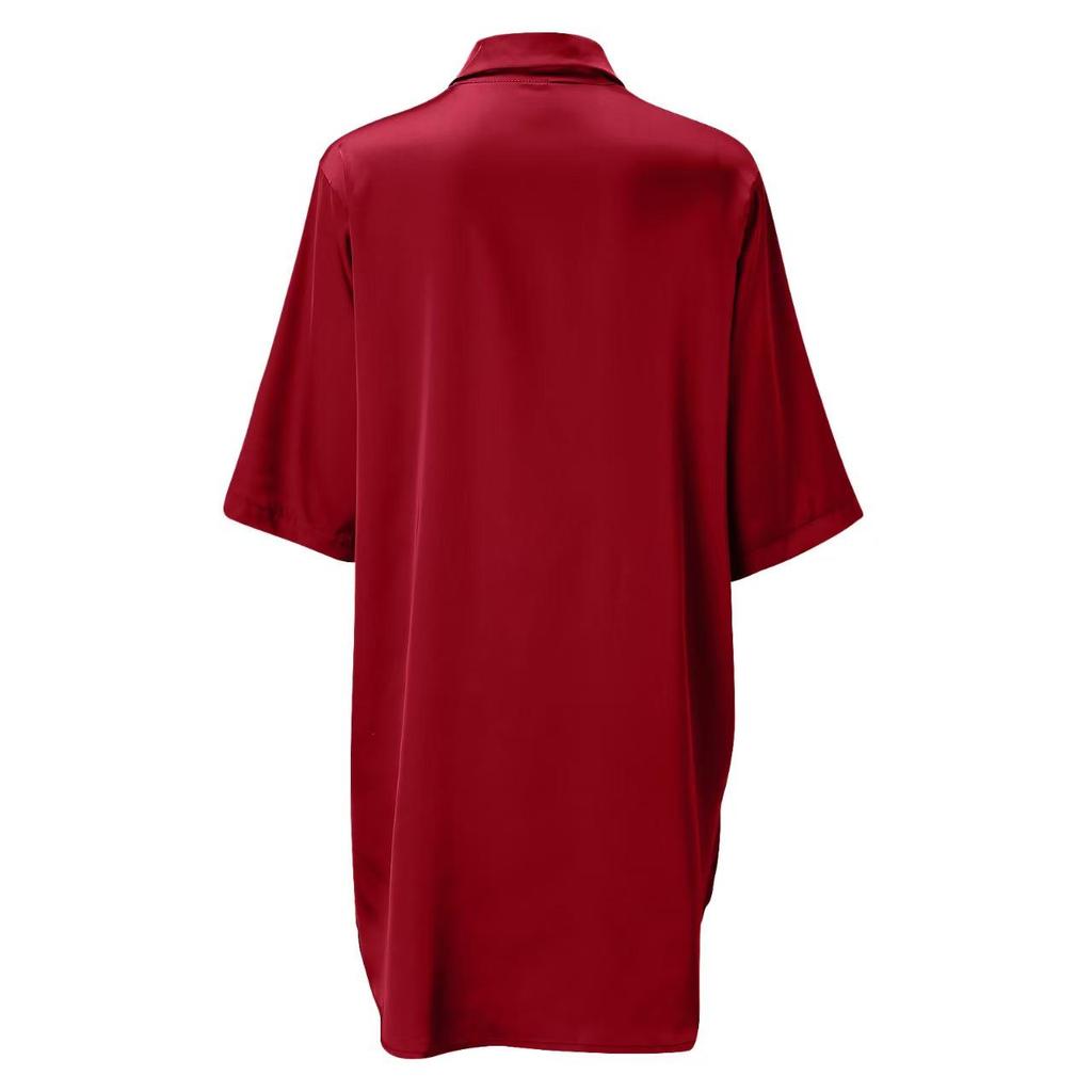 European & American Style Solid Color Silky Satin Women’s Long Pajama Shirt - Sexy, Comfortable, Skin-friendly.