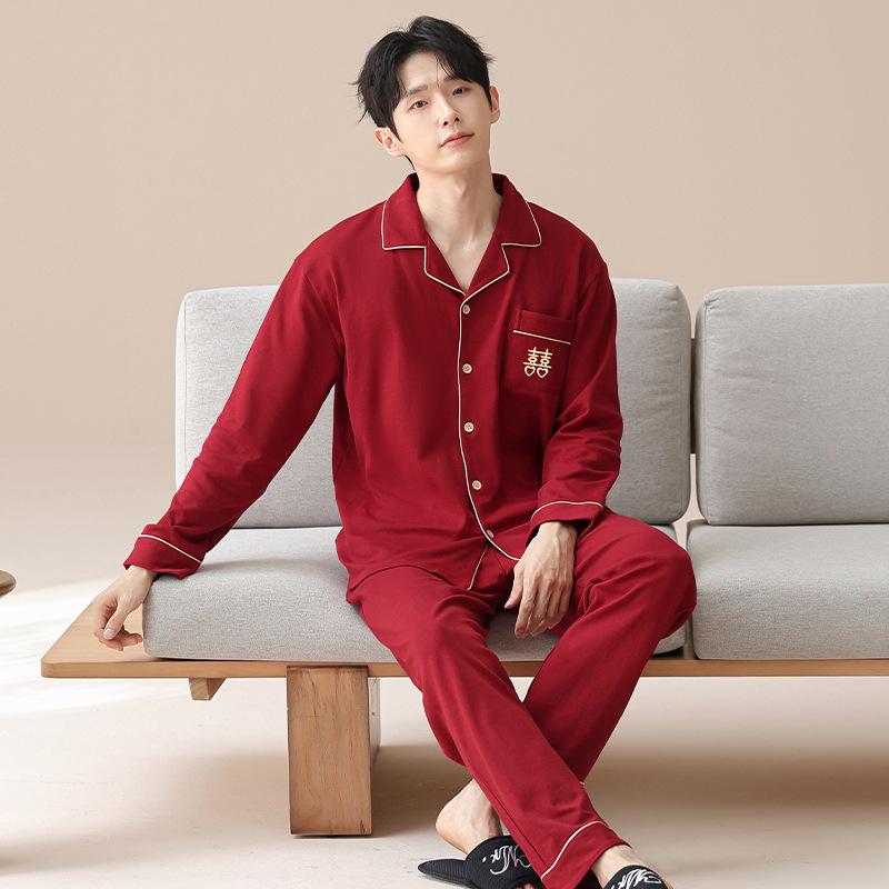 Pajamas wedding newlywed couple suit spring and autumn pure cotton red 1011 new men's and women's long sleeves festive autumn