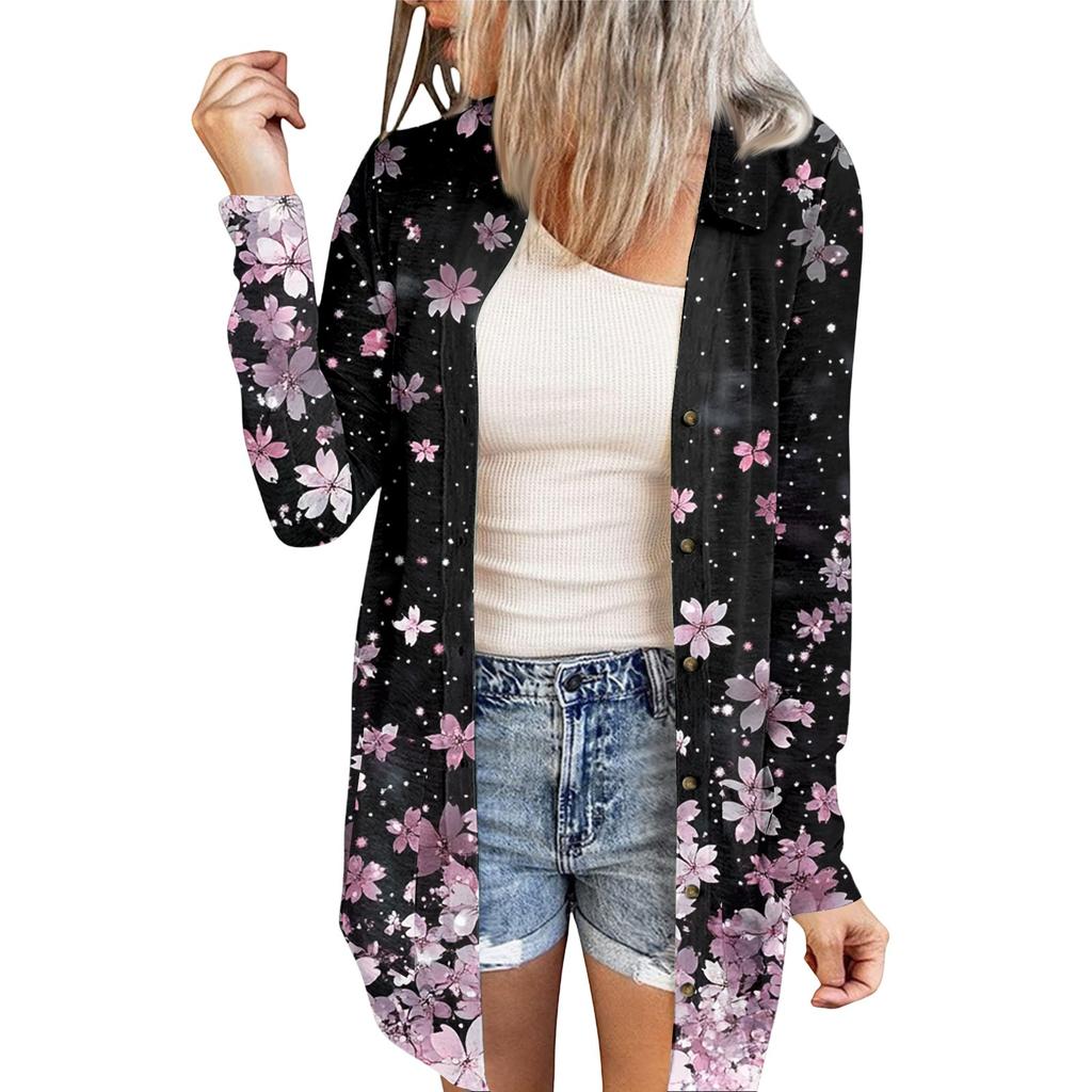 Women's Casual Fashion Floral Print Long Sleeve Mid-Length Cardigan Jacket