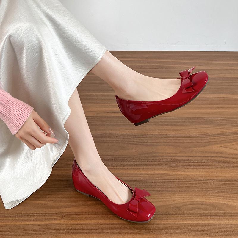 Women's Height-Enhancing Low-Cut French Mary Jane Flats, Versatile Square-Toe Bow Shoes for Dresses