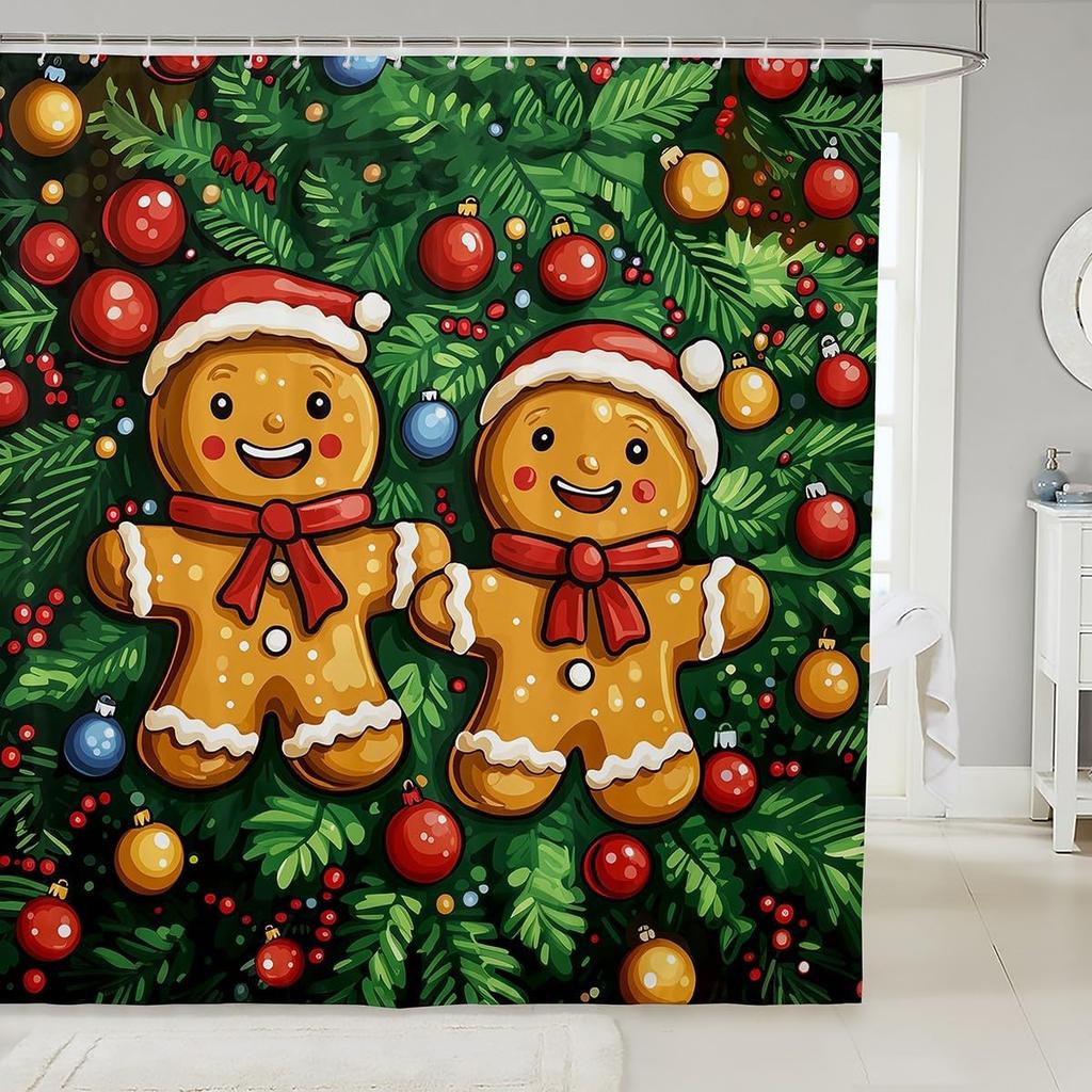 Merry Pink Christmas Shower Curtain,Cartoon Gingerbread Man Bathroom Curtain,Snowflakes Candy Fabric Shower Curtains,Happy New