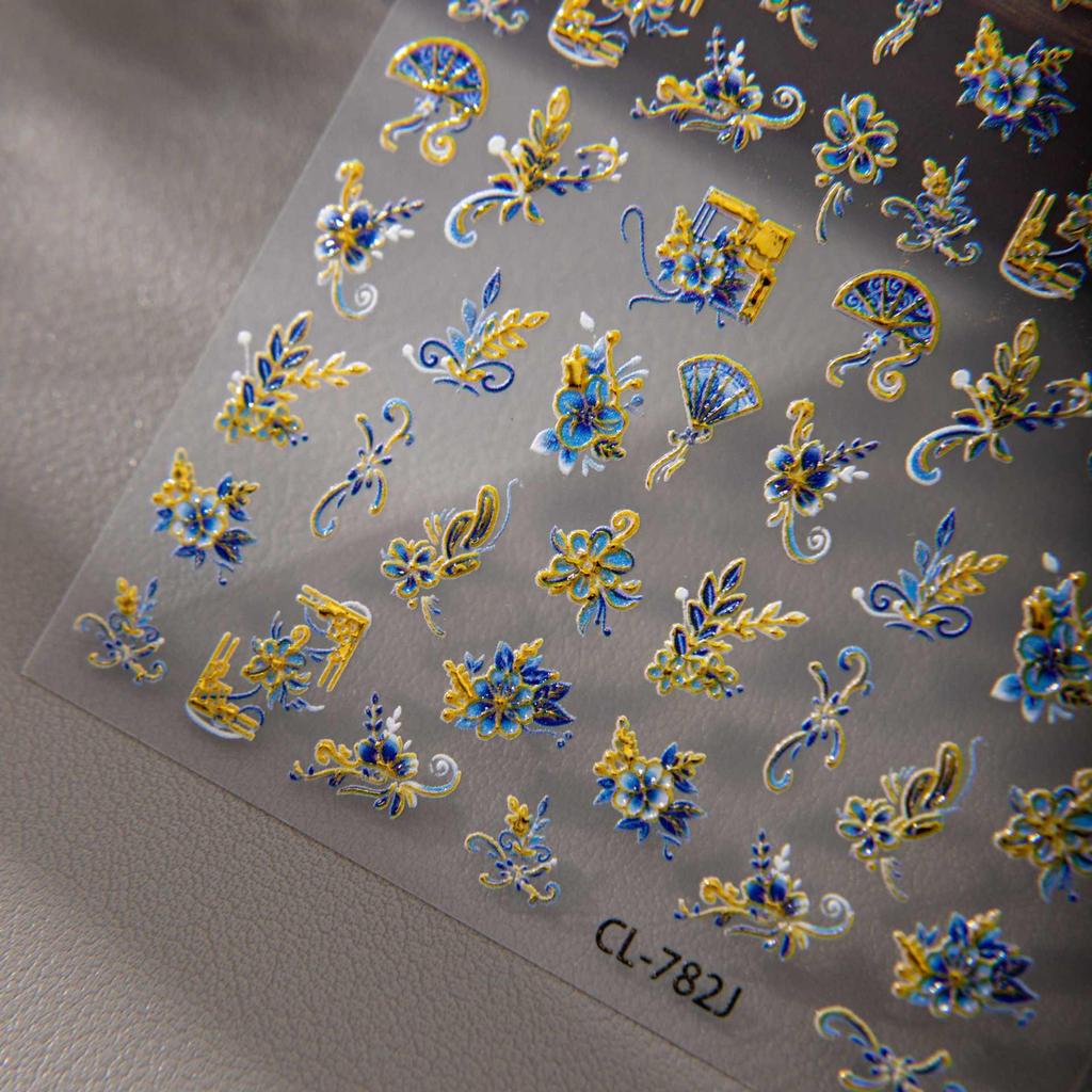 Cyansea Hot Stamping Blue Flower Feather Fan Nail Stickers