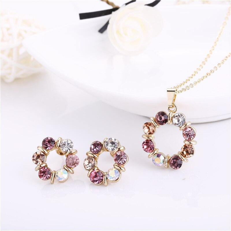 3pcs Necklace Earrings Set Ladies Celebrity Simple Fashion Style Exquisite Stained Glass Diamond Circle Shape Jewelry