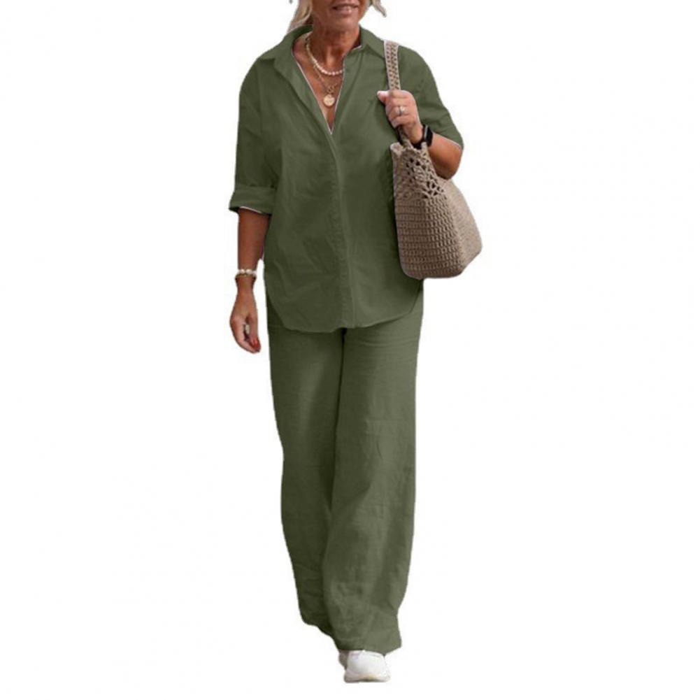 

Two-piece Set Women Summer Suit Plus Size Cotton Linen Single-breasted Shirt Trousers Casual Top Wide Leg Pants Loose Outfits M темно-зелений колір