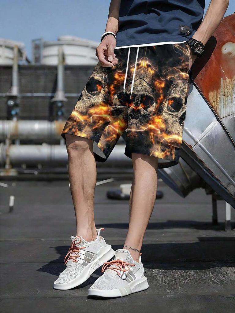 3D Digital Printed Flame Skull Pattern Men's Beach Shorts, Summer Casual Vacation Style Men's Bottoms, Men's Cargo Pants