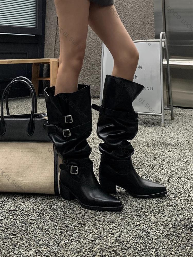 Fashion 2025 Fall Winter High-Tube Chunky Heel Pointed Toe Booties Trendy Belt Bule High-Tube Knight Boots for Young Women PU Leather