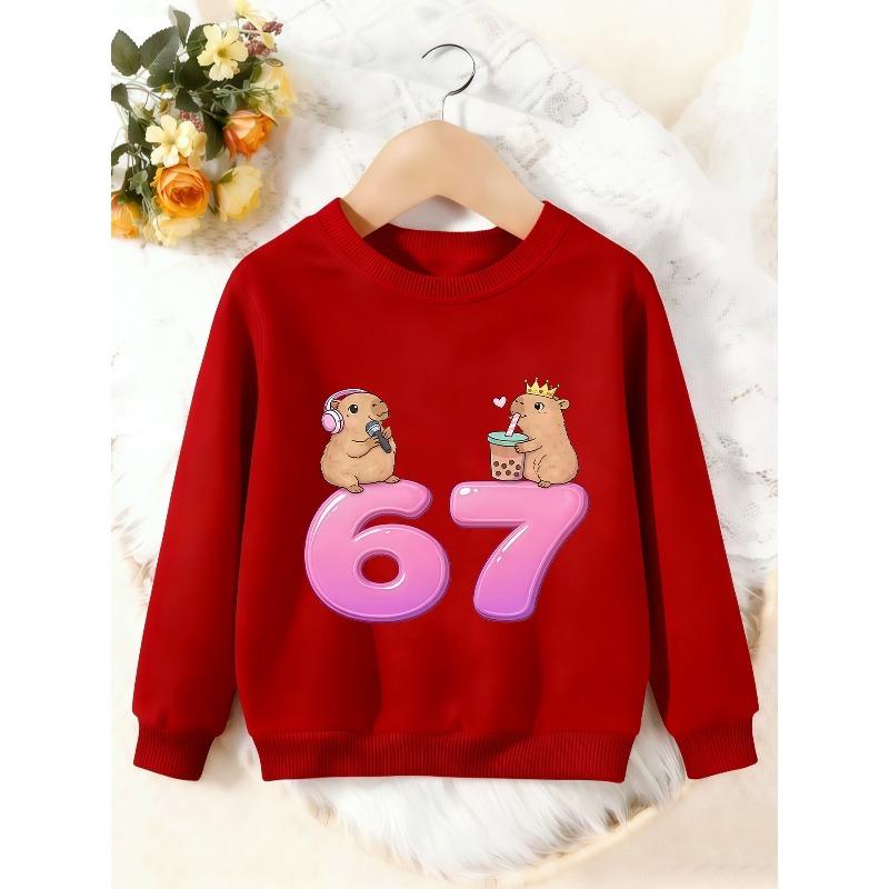Unisex Kids Crewneck Sweatshirt, Cute Capybara Bubble Tea Pink 67 Number Print Pullover, Boys Girls Cartoon Sweatshirt For Kids Over 4 Years Old