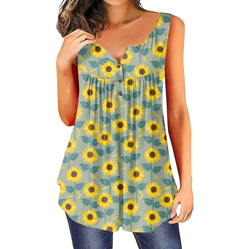 Women's Fashion Floral Printing Pleated Sleeveless Casual T-shirt Vest Button Top