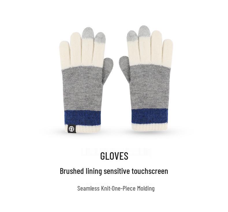 Winterliches japanisches Farbblock-Bommelmützen-, Schal- und Handschuh-Set - Dickes Wollstrick, Warmes dreiteiliges Set