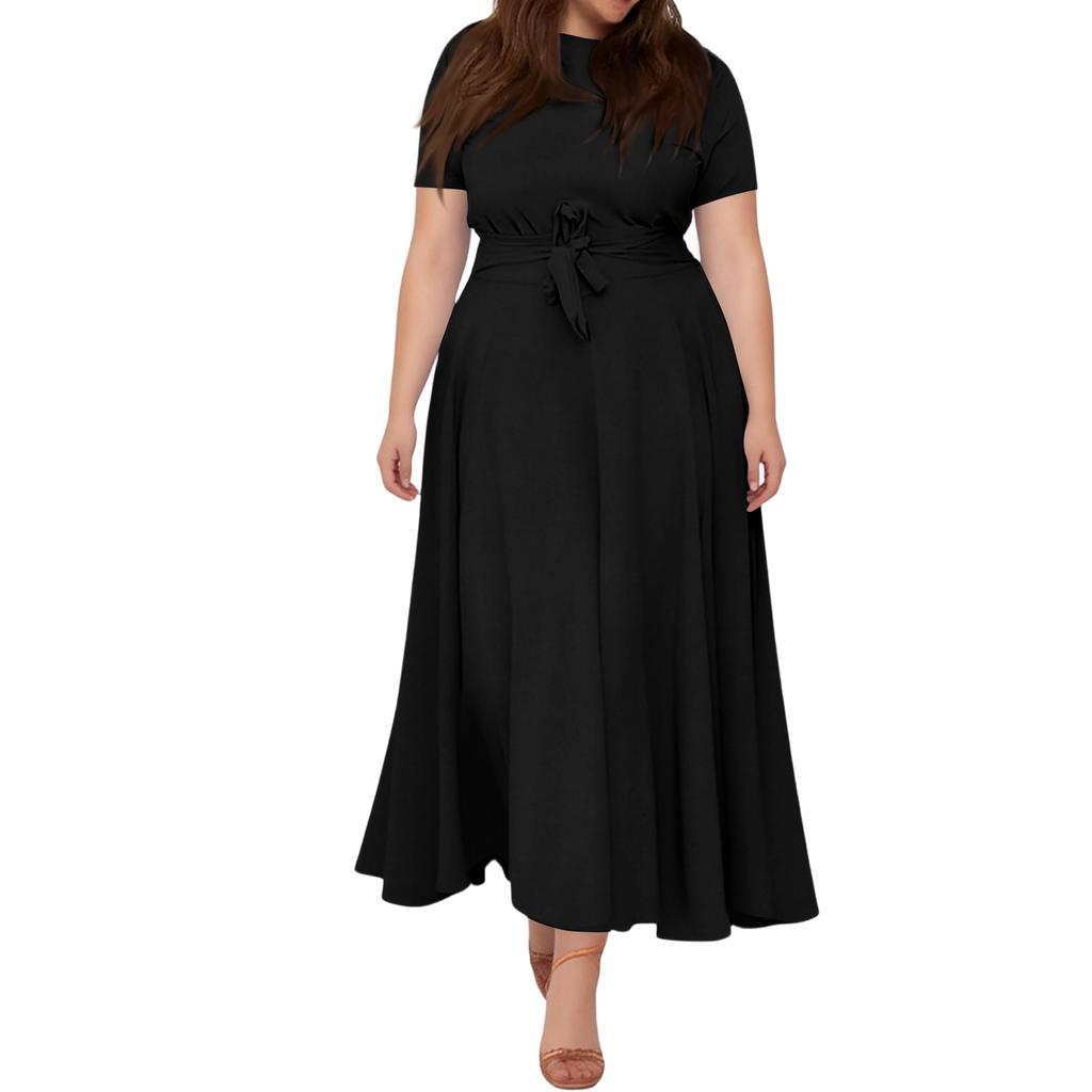 Women's Casual Fashion Large Size Color Round Neck Short Sleeve Pocket Straps Swing Dress