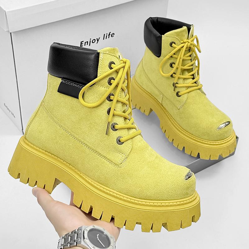 Yellow Designer Ankle Boots Men Autumn Outdoor Suede Boots Fashion High Top Platform Men Shoes Outdoor Tooling Motorcycle Boot