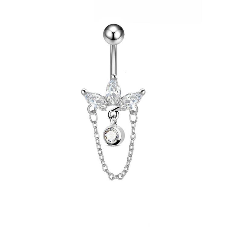 1PCS Zircon Flower Belly Button Ring Drop Chain 14G G23 Titanium Curved Barbell Navel Piercing Women Girls Sexy Jewelry