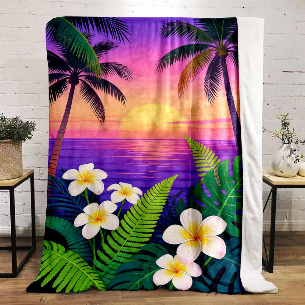 Tropical Sunset with Palm Trees & Flowers Flannel Blanket for Bedroom, Living Room, Sofa, and Nap Sofas