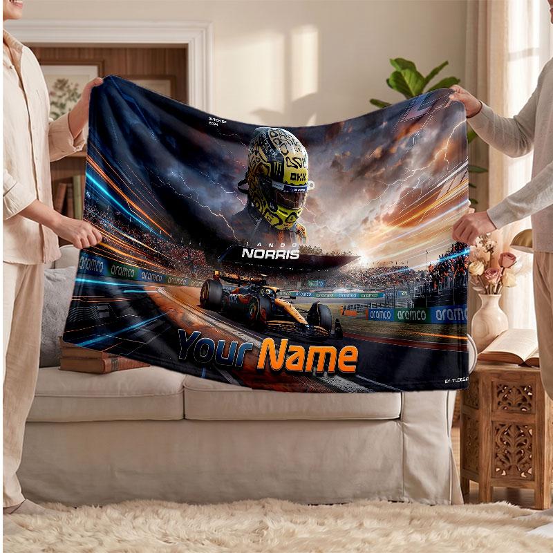 Lando Norris Flannel Blanket, Custom Name Text Personalized Soft Throw Blanket Home Decor Gift
