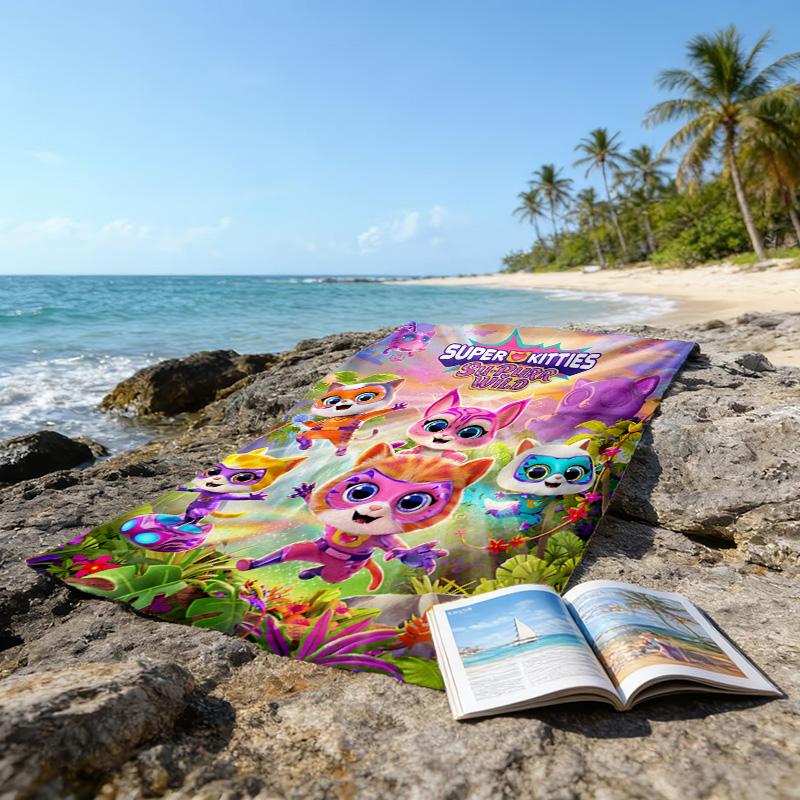 1pc Super Kitties Adventures1 Beach Towel, Beach and Seaside Swimming Pool Equipment, Fashion Pattern, Rectangular, Travel Essentials