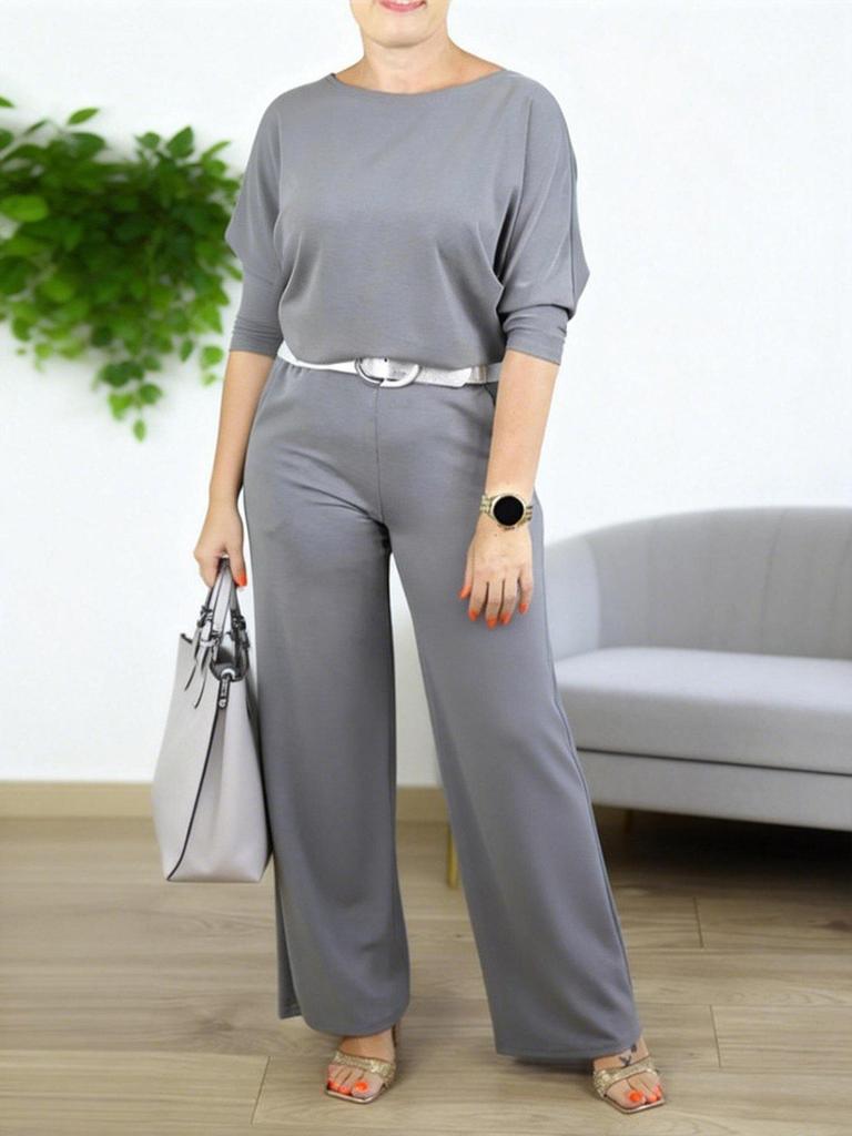 Ensemble trois pièces unicolore pour femme Printemps/Automne 2026: Haut à col rond, Manches courtes, Pantalon long, Manteau de longueur moyenne