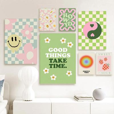 Aesthetic Cherry Plaid Smiley Butterfly Print Colorful Danish Pastel Canvas Painting  Wall Posters Wall Art Nursery Home Decor