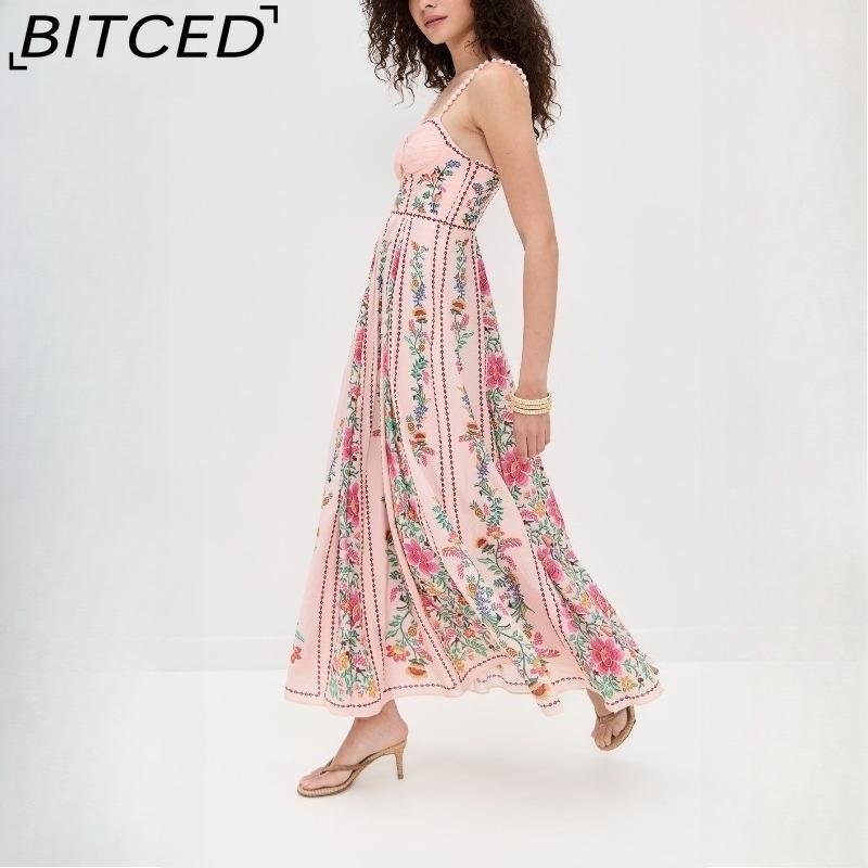 BITCED Women's Sexy Beaded Spaghetti Strap Positioned Print Resort Dress